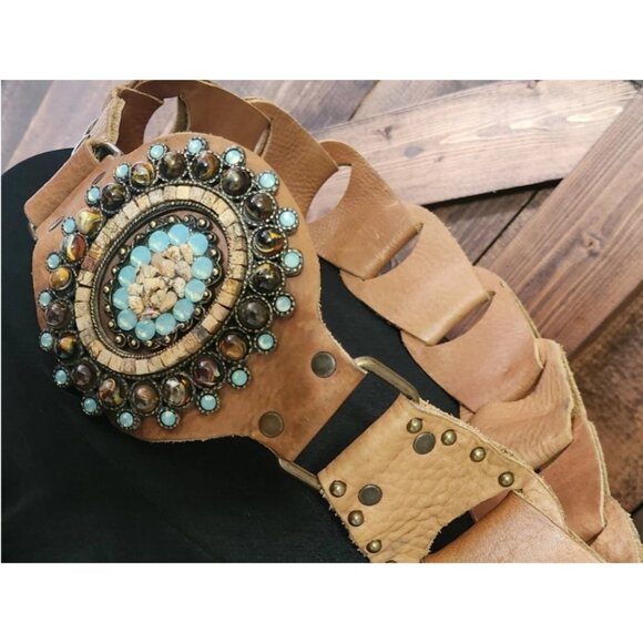 LeatheRock Custom Linked Leather Studded Rhinstone Belt Size M/L USA MSRP $245 - Picture 2 of 16